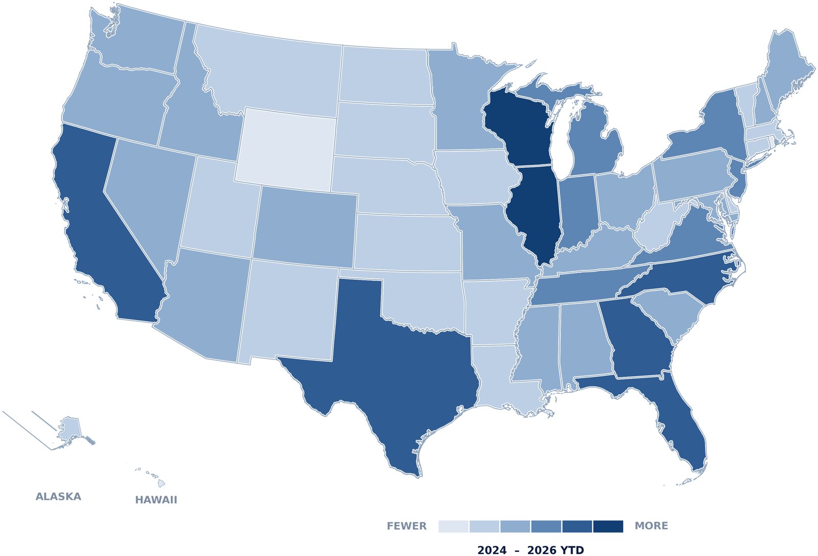 Where Lakeview builds - states shaded by recent completed projects